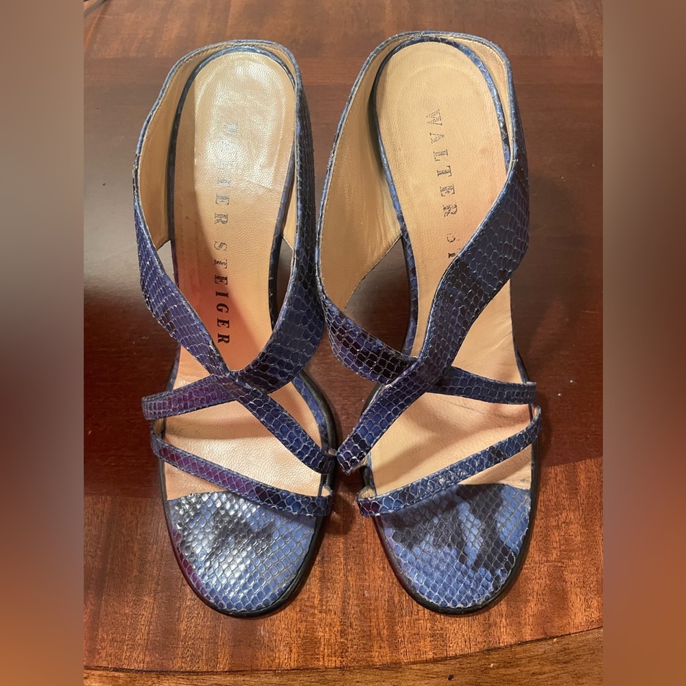 Walter Steiger sexy high heel blue & black snakeskin leather embossed sandals